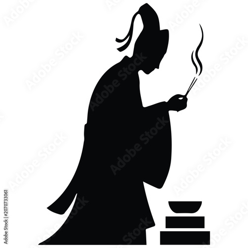 Fotografía Person praying with incense sticks vector silhouette illustration for spiritual practice
