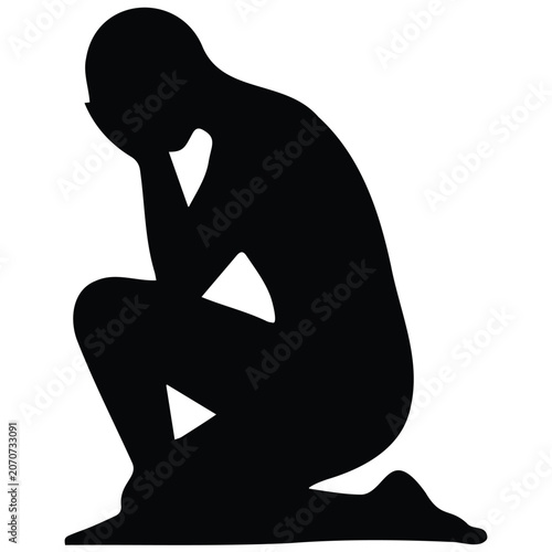 Bild auf Leinwand Sad person sitting kneeling down with head in hands silhouette vector illustration icon