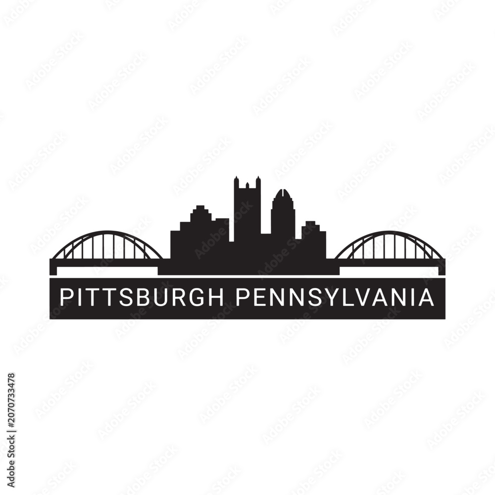 Obraz premium Pittsburgh skyline silhouette with bridges and city name on white background