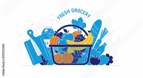 Fresh Grocery Shopping Basket Illustration.