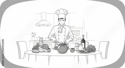Chef preparing food in kitchen.