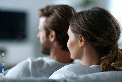 White couple watching television together at home from a sofa, ideal for relationship, home lifestyle and streaming entertainment concepts.