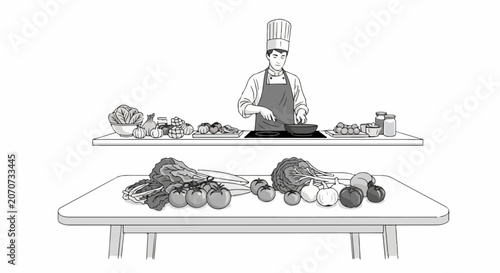 Chef preparing food on kitchen table.