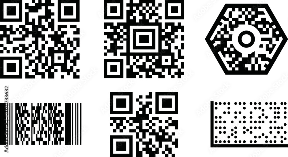 Fototapeta premium QR code and barcode set, 6 digital scanning icons in black and white, data matrix and hexagonal code vector elements for product tracking