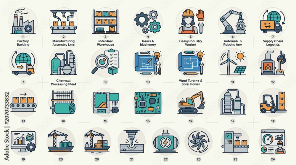 Fototapeta premium A collection of industrial and manufacturing process icons, including factory, machinery, energy, and logistics symbols.