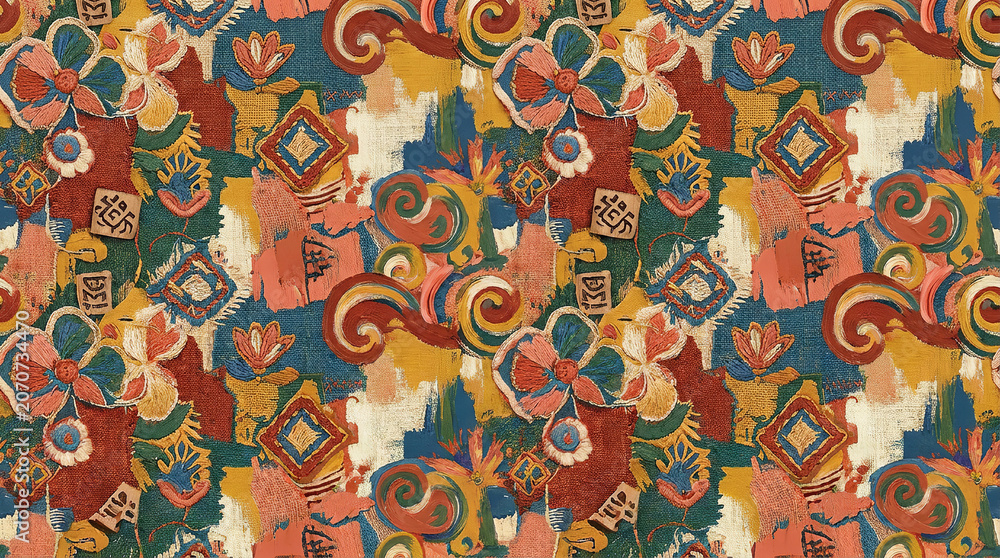 Naklejka premium Expressionist abstract floral pattern with impasto brushstrokes and textured geometric shapes.