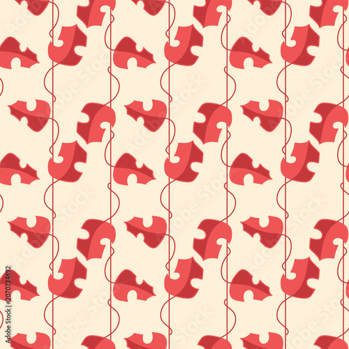 Modern seamless vector pattern with abstract red monstera leaves and dark red geometric lines. Minimalist tropical botanical ornament on a light cream background for trendy textile, fabric, wallpaper