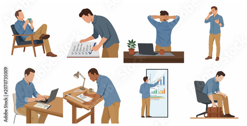 Collection of flat business character illustrations showing a male professional in various office activities including working on laptop, presenting charts, and relaxing with coffee.