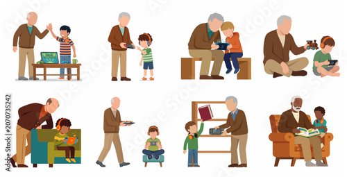 Billede på lærred Grandfather and grandson bonding through video games and leisure activities illu