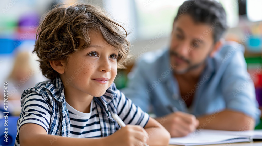 Obraz premium Anonymous friendly teacher helping a Latin boy and talking to him while sitting near his desk in an elementary school, educator support concept, faceless, defocused, with copy