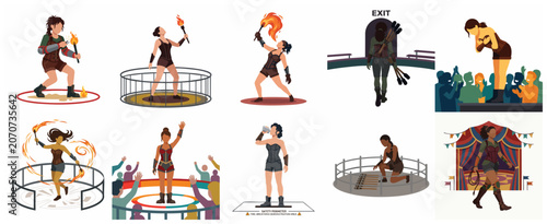 Cuadro en lienzo Vector illustration set of a professional female fire breather and circus artist performing various acts, from fire dancing to bowing before an audience