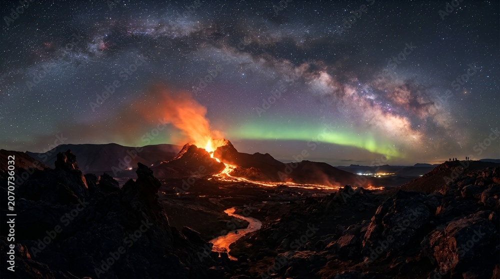 Fototapeta premium Volcanic Eruption Under Milky Way & Aurora Borealis, Iceland Landscape