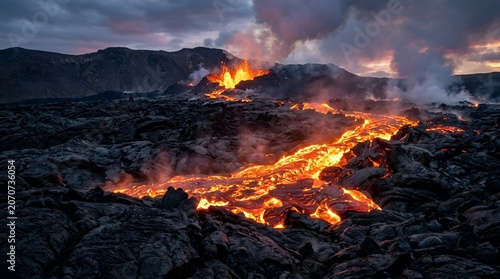 Volcanic eruption with flowing lava and smoke at dusk