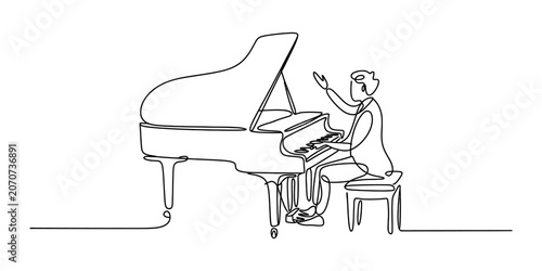 Continuous single line drawing of a musician playing the grand piano at a concert Vector, illustration