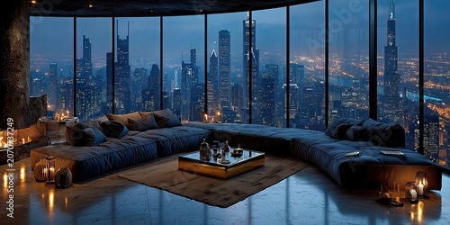 Luxurious city lounge with panoramic skyline view for upscale hospitality marketing.
