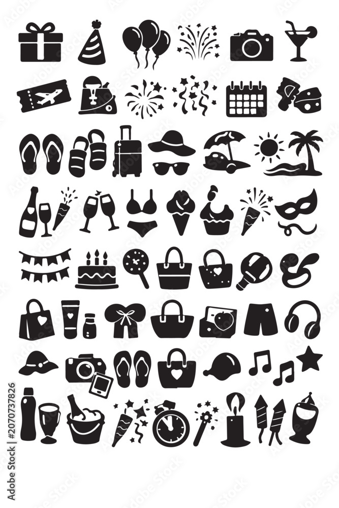 Obraz premium Summer vacation icons, black silhouette symbols, travel and leisure graphics, 40 icon set