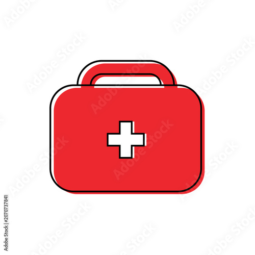 Red first aid kit icon, simple, black outline, editable stroke, isolated, white background, simple vector illustration
