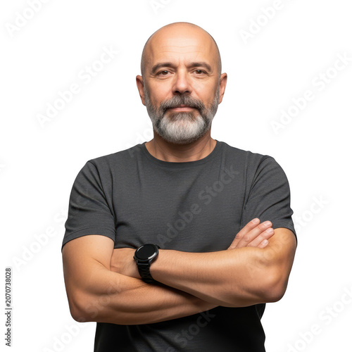 Serious man with arms crossed on white background isolated on transparent background