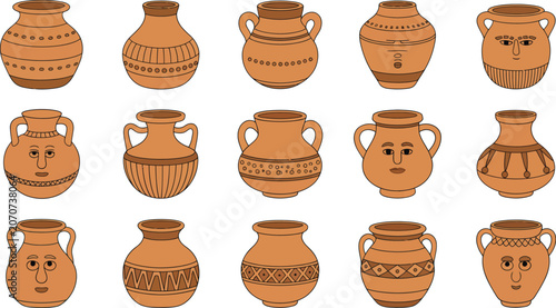 Foto Clay pots, and ceramic vases set, earthenware vessels with various shapes and decorative patterns for pottery craft home decor and traditional design