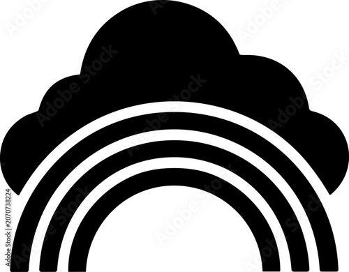Cloud with rainbow icon graphic element in solid black silhouette against white background for design