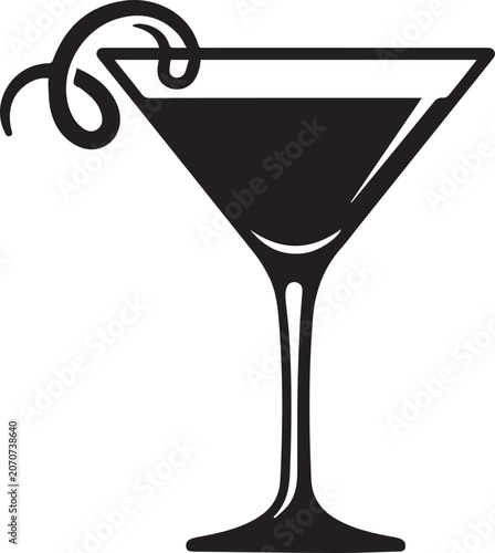 Classic martini glass silhouette with long stem and citrus peel garnish isolated on transparent background for beverage menu design.
