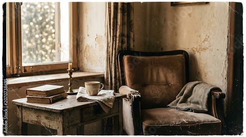 Vintage leather armchair by window with table.