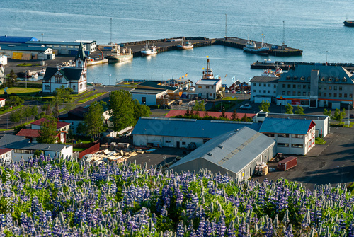 Bild auf Leinwand Elevated view of Húsavík Harbor Iceland with the iconic Húsavík Church fishing b