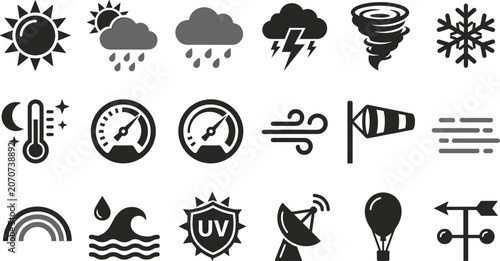 Fotografie Meteorology and Weather Forecast Solid Glyph Icon Set Featuring Sun Rain Clouds