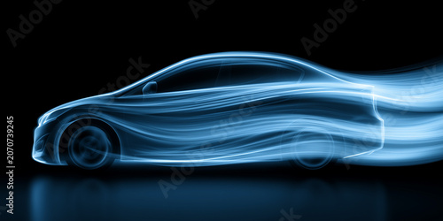 Futuristic blue aerodynamic airflow visualization surrounding a modern sedan car against dark background.