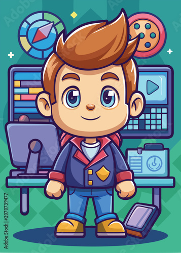 Young boy dressed in casual clothing. standing at a computer desk