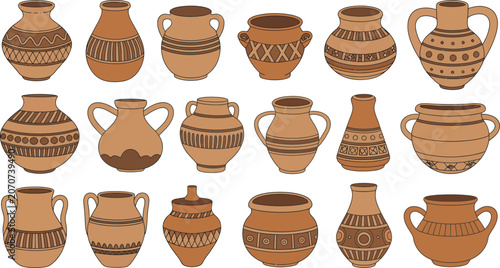Tableau sur toile Clay pots, and ceramic vases set, assorted earthenware pottery featuring unique shapes ornamental patterns and handcrafted decorative vessels
