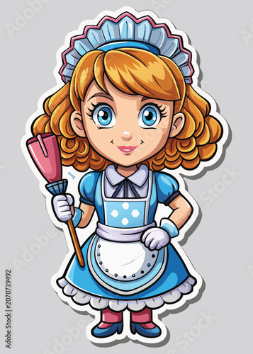 Cartoon maid character holding a mop