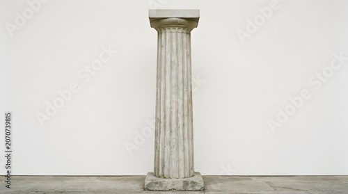 A weathered white stone column with fluted design and square top. Classical style pillar.