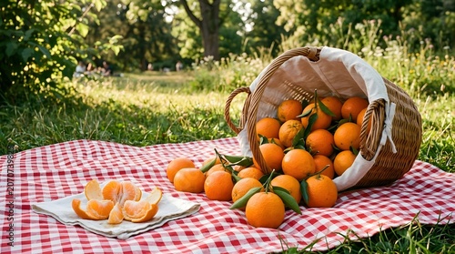 Fresh clementines in wicker basket on picnic blanket outdoors. A basket of fresh oranges.