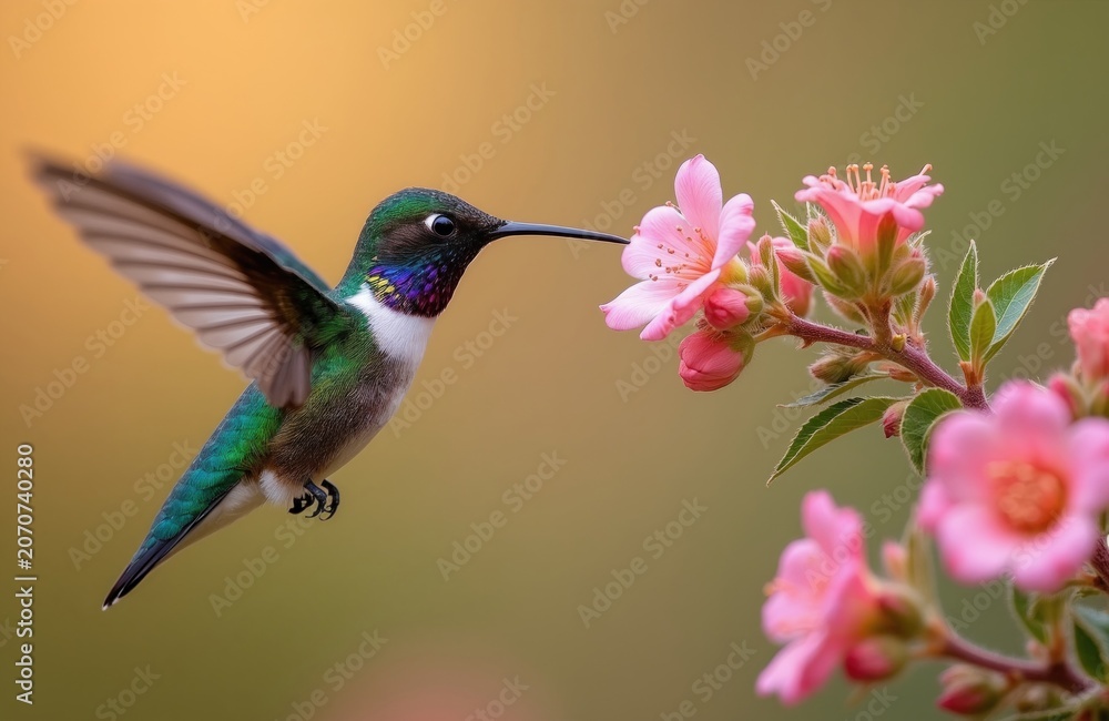 Fototapeta premium Male hummingbird hovers near pink flower blossoms feeding on nectar. Tiny bird with iridescent feathers drinks from plant. Background is soft yellow and green bokeh.