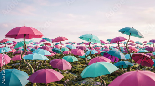 Pastel umbrellas dot a grassy field under soft sky. Bright pinks and blues create dreamlike, whimsical atmosphere. No people, just colors and calm, gentle patterns. Perfect for joyful, imaginative