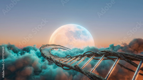 DNA strand floats above clouds beneath a glowing moon. Cerulean skies blend with warm sunset hues. Science meets nature in surreal, dreamlike composition. Ideal for biotech, genetics
