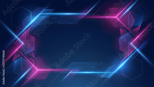 Futuristic Neon Technology Frame Background with Glowing Cyber Lines