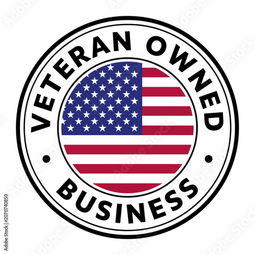 Veteran owned business emblem with American flag and text