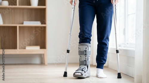 Person with injured ankle standing on crutches at home. Patient recovering with medical orthopedic boot for stability.
