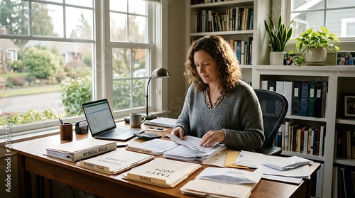 woman working on papers at desk.