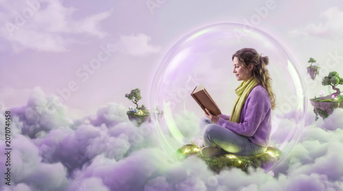 Girl reads a book inside a glowing bubble. She sits on a floating patch of grass. Purple clouds swirl around her softly. Trees drift nearby on floating islands