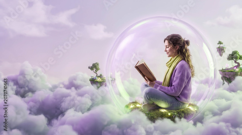 Young woman reads book inside glowing bubble. She sits calmly, surrounded by soft purple clouds. Floating islands drift nearby, each with tiny trees. Her expression shows quiet focus and wonder