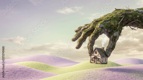 Giant hand cradles a tiny house. Lush green moss covers the hand's surface. Pastel hills stretch beneath a soft sky. Lavender fields surround the scene. The hand seems to protect the house gently