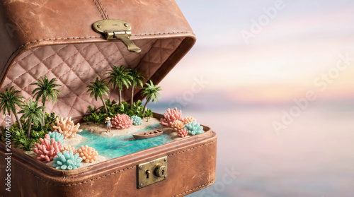 Vintage suitcase holds a miniature tropical island. Soft pastel sky meets calm ocean horizon. Tiny palm trees and coral bloom beside turquoise water. Tiny boat rests near the shore, serene