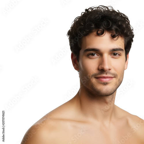 Smiling young man with short dark hair looking up isolated on transparent background
