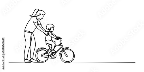 Foto Mother teaching her small child how to ride a bicycle in a continuous single lin