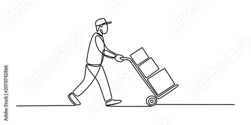 Fotografie Continuous line drawing of a male delivery worker pushing a hand truck with card