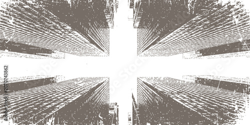 Fotografi Low angle perspective view of towering city skyscrapers with distressed grunge t