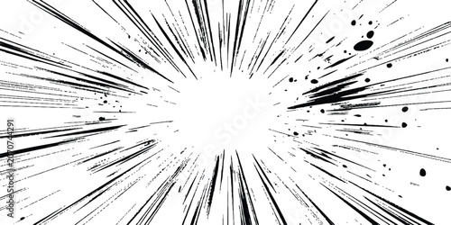 Abstract comic book radial speed lines with ink splatters grunge background vector illustration for manga action scenes.